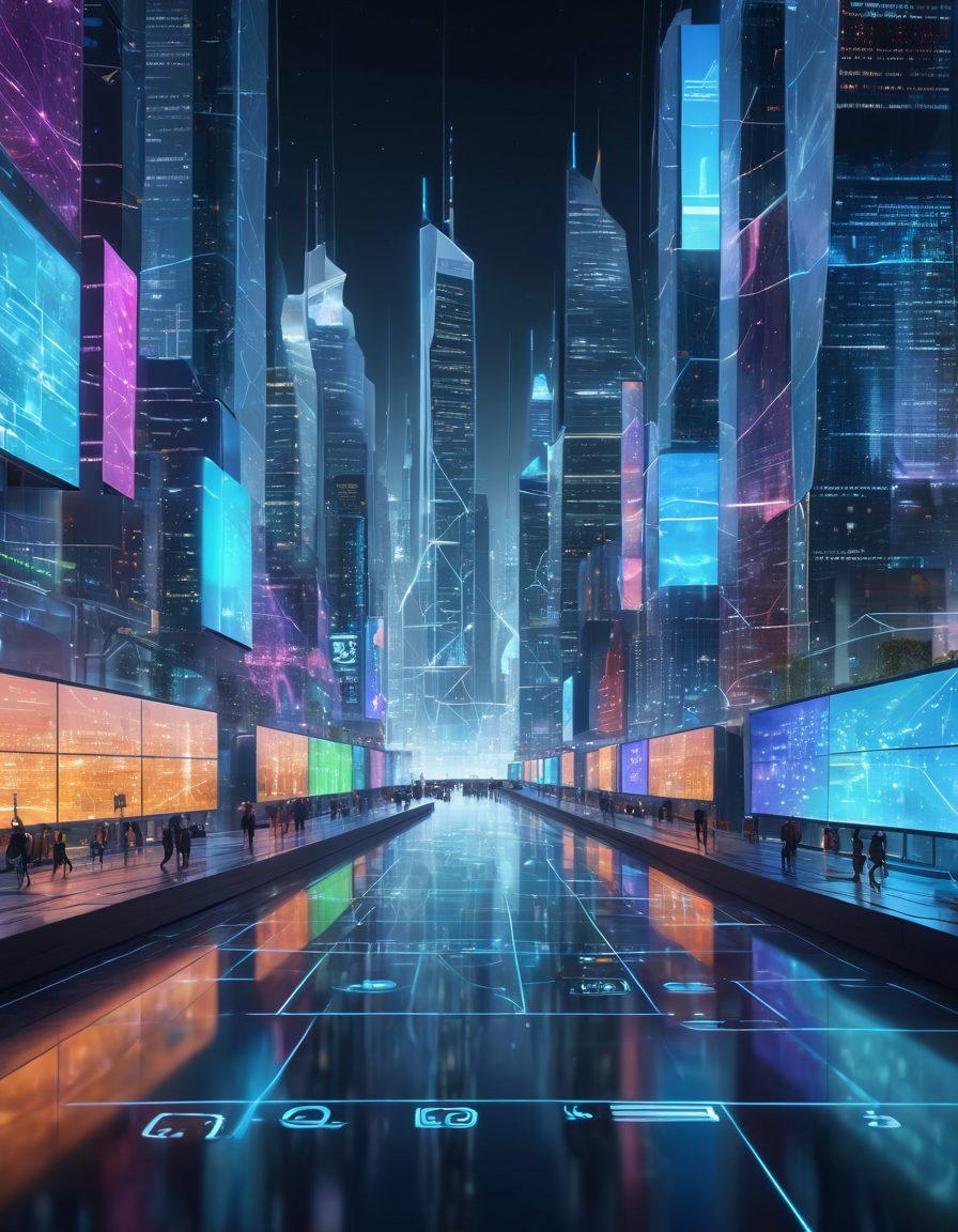 A futuristic cityscape with glowing technology hubs connected by bright data streams, showcasing diverse web applications on holographic screens, surrounded by symbols of innovation and progress. Include subtle hints of global connectivity with a modern, high-tech feel. super-realistic. vibrant colors. 3D.