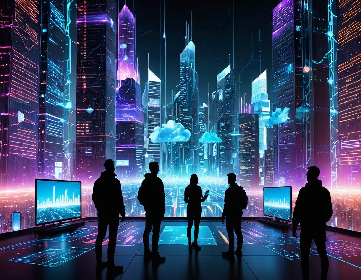 A futuristic cityscape with glowing skyscrapers made of computer circuitry, people interacting with holographic screens displaying various online tools and services like cloud storage, social media, and e-commerce, with a backdrop of a comprehensive world map interconnected by digital signals. cyberpunk. vibrant colors. 3D.