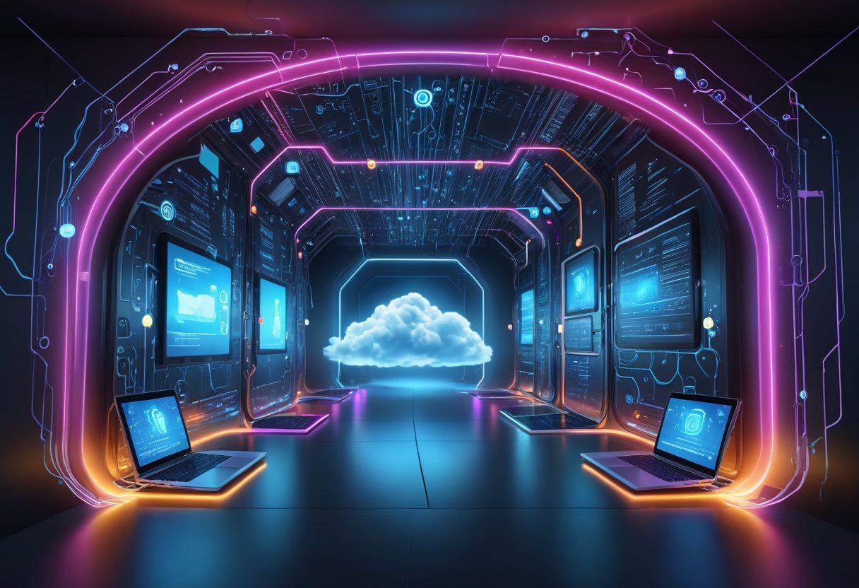 A vibrant digital landscape illustrating various web portals and online tools, with icons for services like cloud storage, email, and project management, connected through a network of glowing pathways. A central portal image symbolizing access and connectivity, surrounded by user-friendly interface elements and tools. super-realistic. vibrant colors. futuristic style.